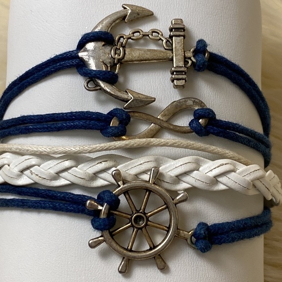 Vintage Silver Ship Rudder Anchor Infinity Bracelet Multilayer Braided Blue Whit - Picture 8 of 16